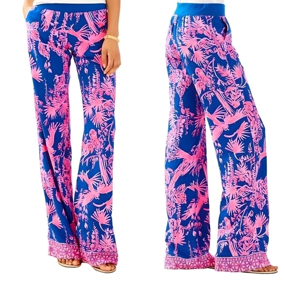 Lilly Pulitzer ✦ Seaside Beach Pants ✦ Pink Navy Blue Tropical Print Rayon S - Picture 4 of 14